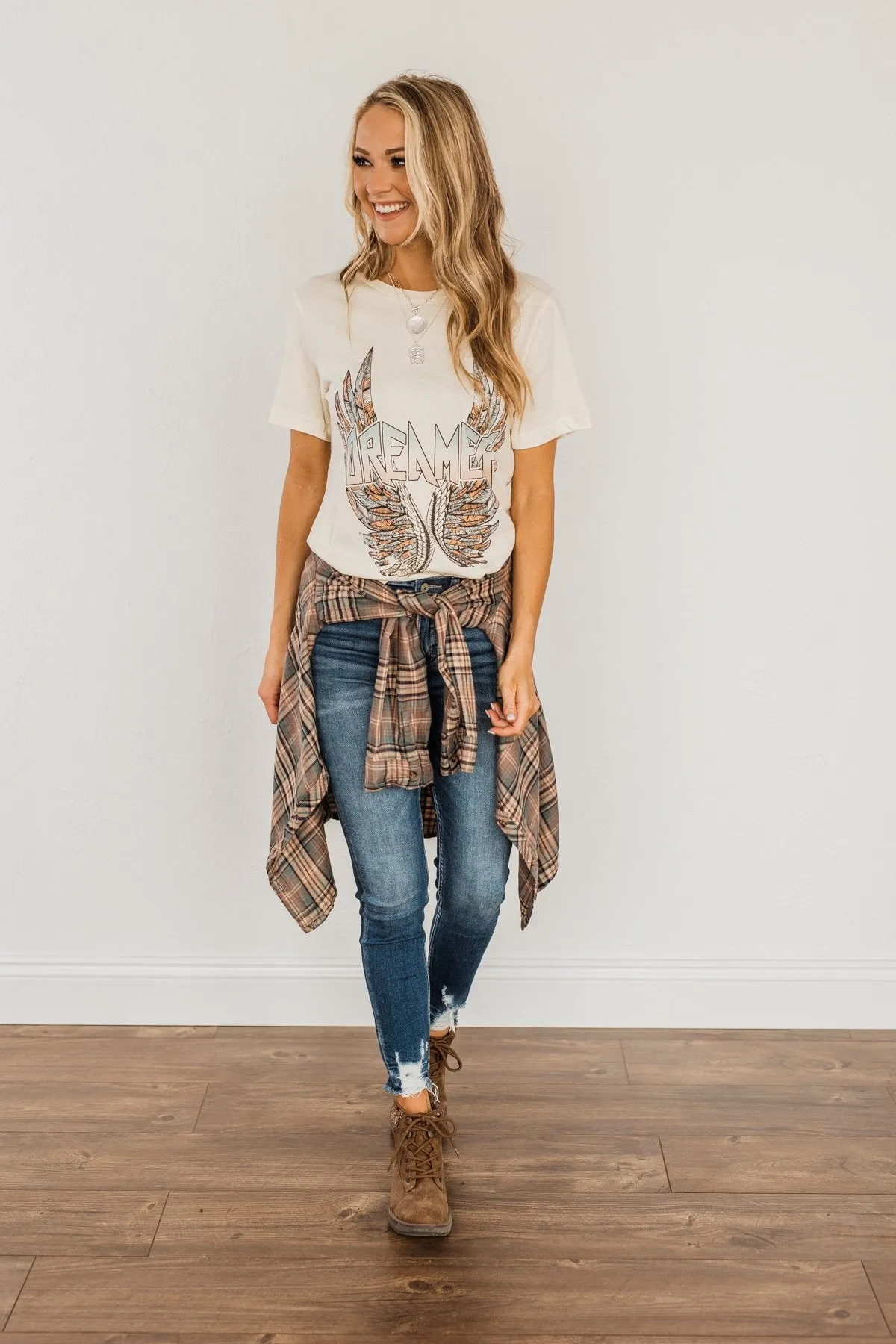 Fall Into The Season Button Plaid Top- Dusty Teal, Mocha, & Oatmeal