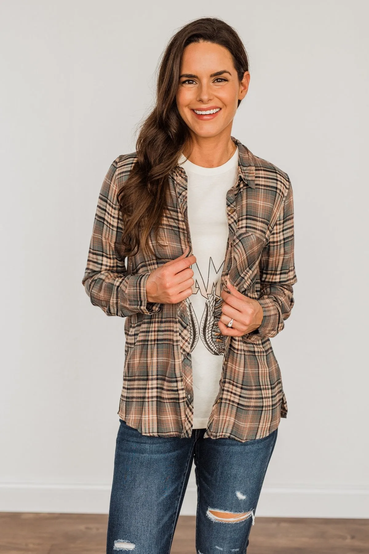 Fall Into The Season Button Plaid Top- Dusty Teal, Mocha, & Oatmeal