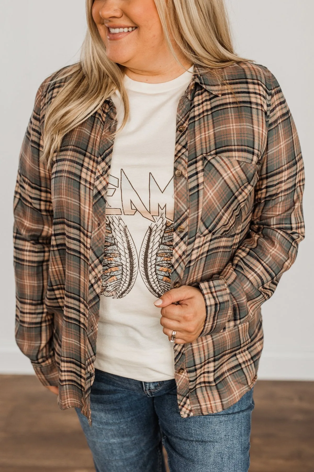 Fall Into The Season Button Plaid Top- Dusty Teal, Mocha, & Oatmeal