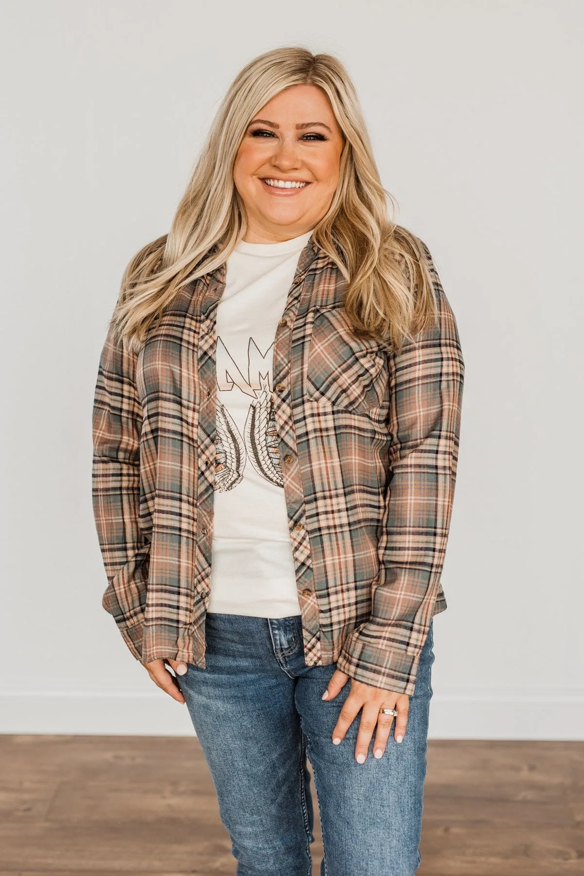 Fall Into The Season Button Plaid Top- Dusty Teal, Mocha, & Oatmeal