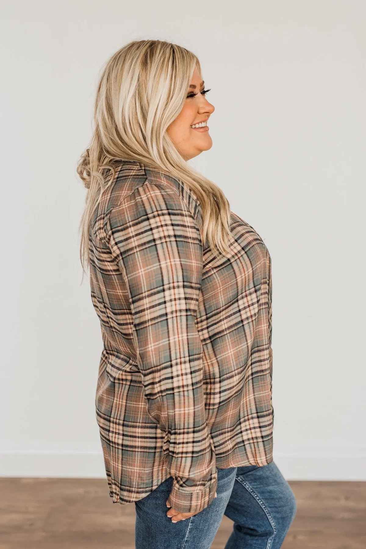 Fall Into The Season Button Plaid Top- Dusty Teal, Mocha, & Oatmeal