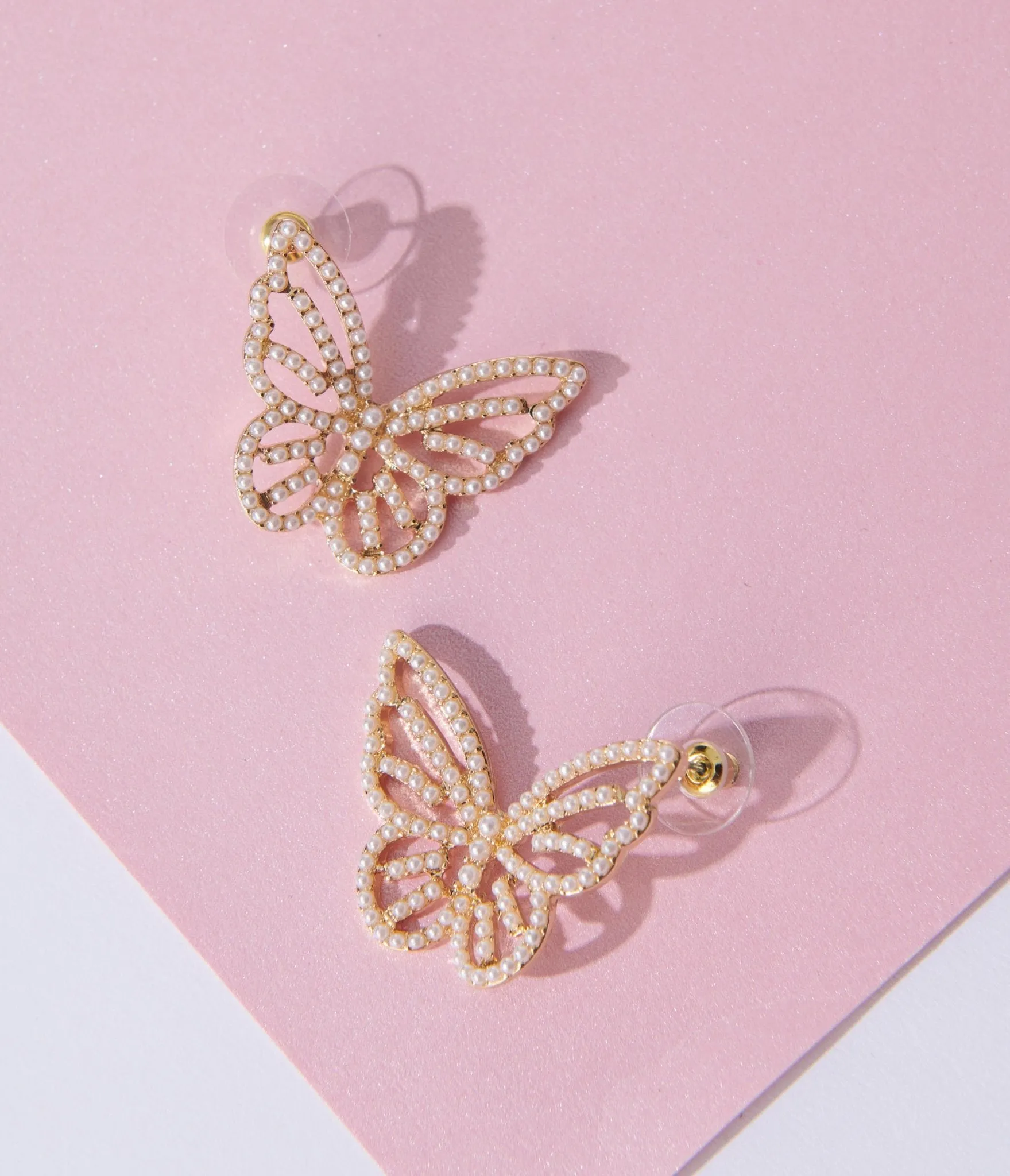 Gold & Faux Pearl Butterfly Cutout Earrings