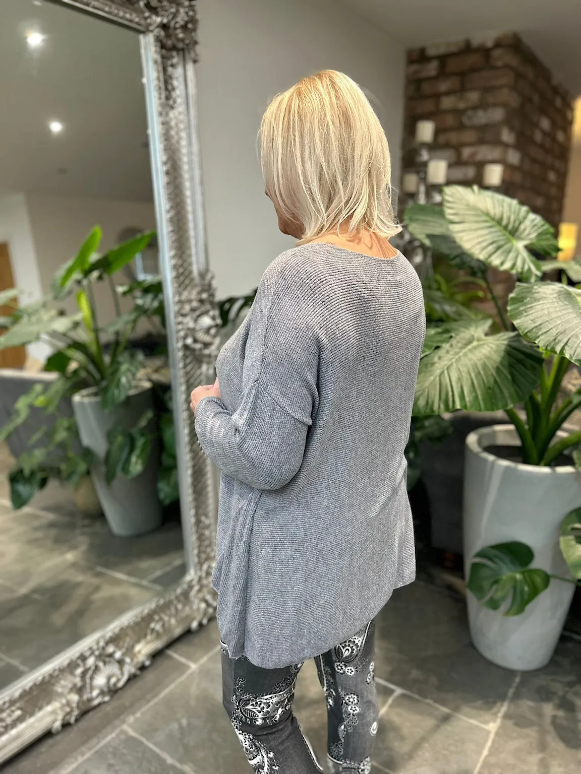 Grey Ribbed Knit Top Fifi