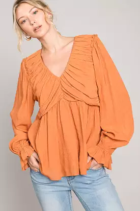 Heyson Pumpkin Spice V Neck Flare Crinkled Blouse