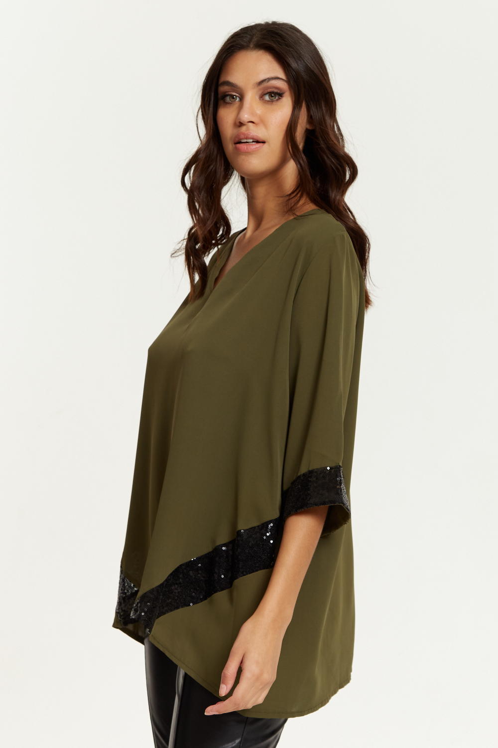 Hoxton Gal Oversized V Neck Sequin Detailed Satin Top