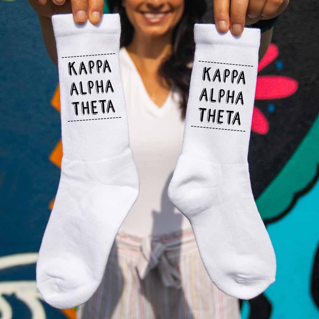 Kappa Alpha Theta Crew Socks with Kappa Alpha Theta Name in Sorority Colors