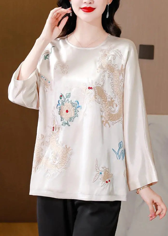 White Draping Silk Blouses Embroidered Spring HA1020